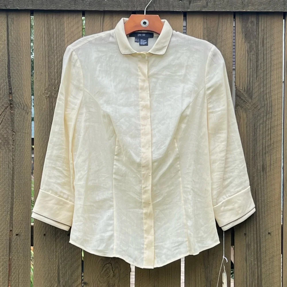 4 Per Se 100% Ramie Cream 3/4 Sleeve Beaded Hem Button Down Blouse Women’s